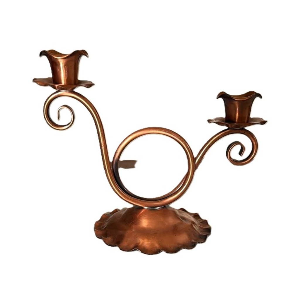 Gregorian Copper Candle Holder Copper Excellent MCM Scroll Double Taper